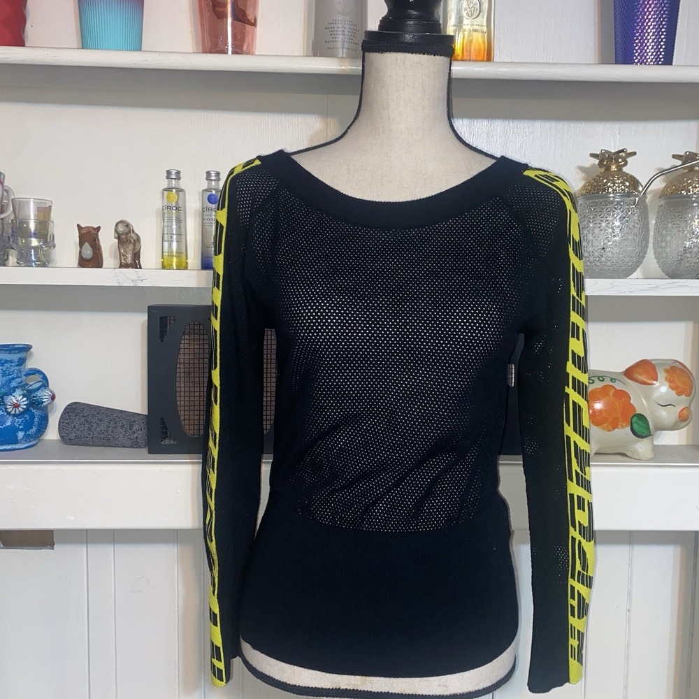 Diesel Black Mesh Neon Sleeves Open Back Long Sleeve Shirt Small Women's